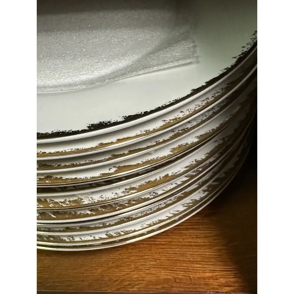 Lot of 12 The Cellar Made In Bangladesh White Dinner Plate With Gold Trim 10.25”